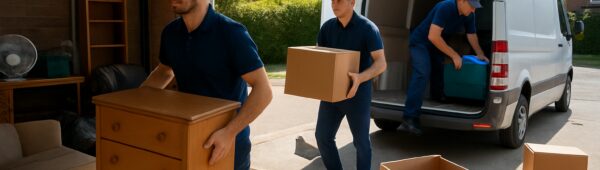 Professional crew clearing cluttered garage in Hillingdon, loading furniture and boxes into van quickly.
