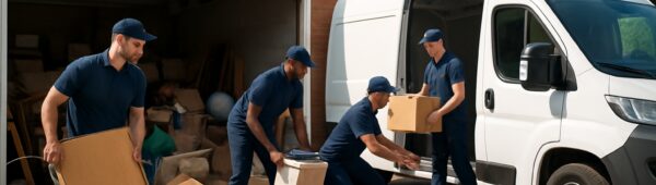 Professional movers clearing junk from Hillingdon garage into white van for fast reliable service.