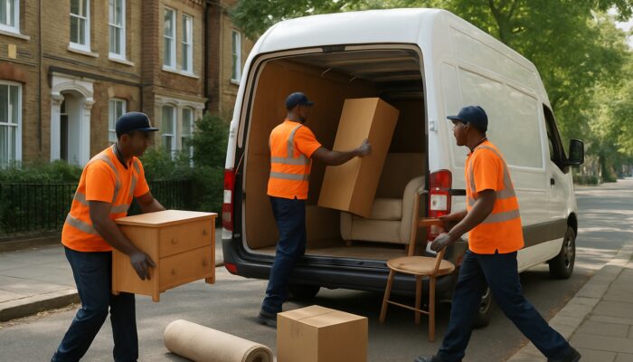 Lewisham workers loading furniture into van during Victorian house clearance on London street