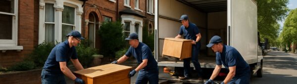 Professional clearance team loading furniture from cluttered Lewisham Victorian house into van on sunny street.