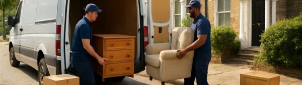 Professional clearance crew loading furniture into van outside Victorian house on sunny Lewisham street.