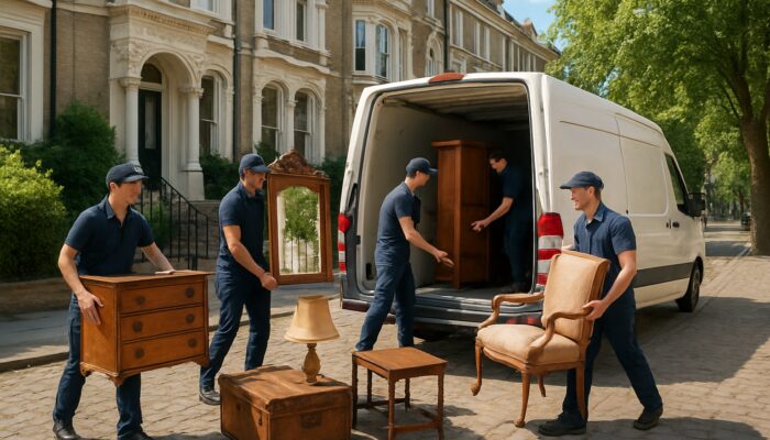Professional team clearing antique furniture from Victorian townhouse into van in Kensington