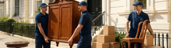 Professional movers clearing antique furniture from Victorian townhouse on sunny Kensington street for reliable property clearance.