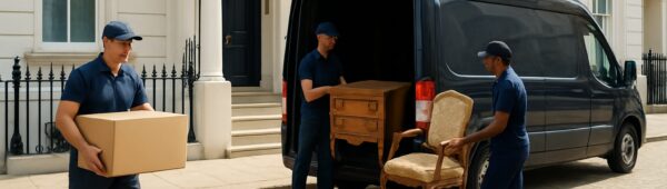 Professional team loading antique furniture into van for property clearance on sunny Kensington street
