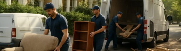 Professional team clearing furniture from Victorian townhouse during property clearance in leafy Kensington London