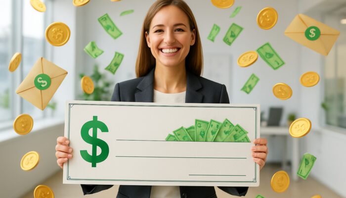 Smiling professional holding giant tax refund check with raining cash and golden coins in office