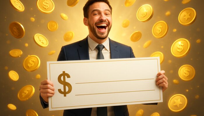Joyful professional celebrates tax refund clutching oversized check with golden coins and bonus icons
