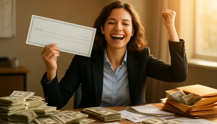 Joyful professional celebrating huge tax refund check and bonus envelopes with cash on desk
