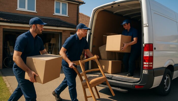 Professional movers clearing cluttered Hillingdon garage, loading boxes and furniture into van on sunny day.