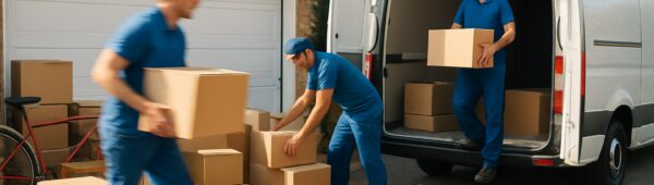 Professional movers loading boxes from cluttered Hillingdon garage into branded van on sunny day.