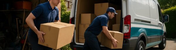 Professional movers clearing cluttered Hillingdon garage, loading boxes into branded van on sunny day.