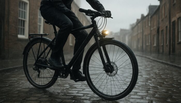 Rugged hybrid commuter bike with mudguards and lights on rainy British streets