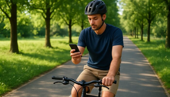 Cyclist checking phone navigation on lush green scenic bike path under bright daylight.