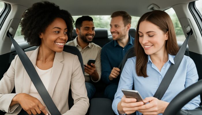Diverse colleagues buckling seatbelts and sharing emergency contacts in a smoke-free car.