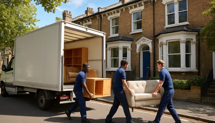 Workers clearing furniture from Victorian terraced house in Islington with affordable clearance vans parked