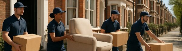Professional team clearing furniture from Victorian house on sunny Islington street for affordable property clearance