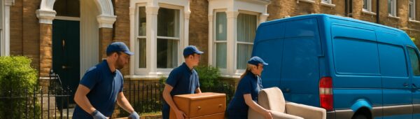 Workers clearing furniture from Victorian house in Islington beside blue van for affordable clearance