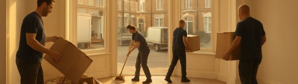 Professional team clearing clutter from Victorian house in Islington with removal vans outside.