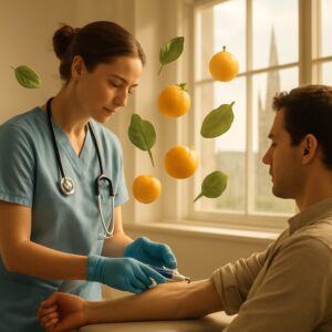 Nurse drawing blood for vitamin deficiency test in Norwich clinic with cathedral view
