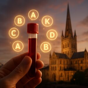 Blood vial labeled Vitamin Test held against Norwich Cathedral at dusk with glowing icons