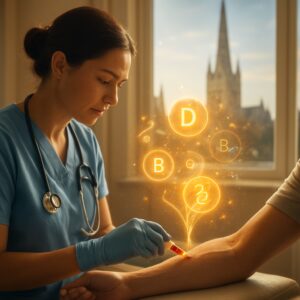 Nurse drawing blood for vitamin D and B12 test in sunlit Norwich clinic with cathedral view