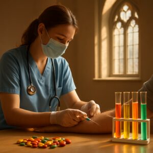 Nurse drawing blood for vitamin deficiency test in sunlit Norwich clinic with capsules and test tubes.