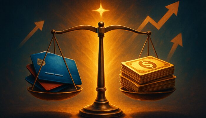 Balance scale with credit cards tipping toward golden cash at glowing breakeven point with success symbols