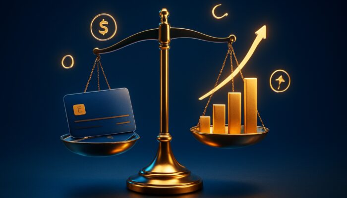 Balance scale with credit cards at breakeven point and rising golden success arrows