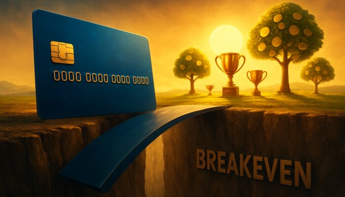 Surreal credit card bridge crossing breakeven chasm to golden success landscape with money trees and trophies
