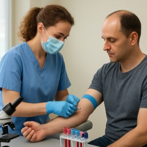 Phlebotomist drawing blood from man with thinning hair for hair loss test in Basingstoke clinic