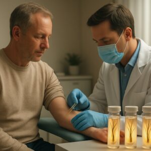 Doctor drawing blood from patient for hair loss test in Basingstoke clinic