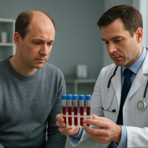 Concerned man with thinning hair receives blood test for hair loss diagnosis in Basingstoke clinic.