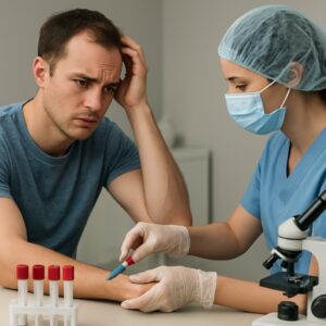Concerned young man receiving blood test for hair loss analysis from nurse in Basingstoke clinic.