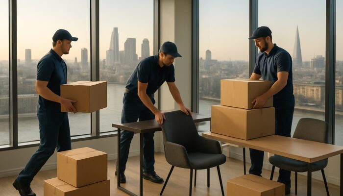 Professional movers clearing office furniture in Greenwich by the Thames with London skyline view