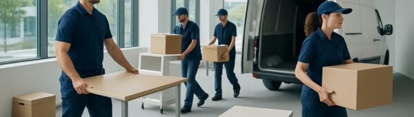 Uniformed experts clearing desks, boxes, and files from a modern Greenwich office to a van