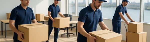 Professional movers clearing modern Greenwich office with boxes and desks overlooking the Thames.