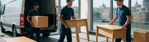 Movers clearing modern Greenwich office with Thames views during expert office clearance.