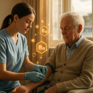 Nurse drawing blood for B12 test on elderly patient in cozy Ipswich waterfront clinic