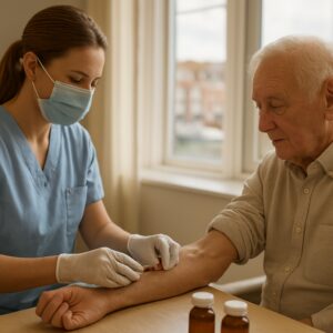 Nurse drawing blood for B12 test on elderly patient in Ipswich clinic near waterfront