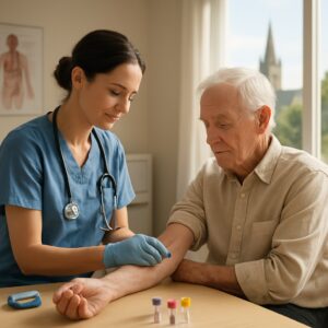 Nurse giving B12 blood test to elderly Ipswich patient in sunlit clinic with vials.