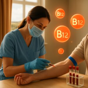 Nurse drawing blood for B12 test in cozy Ipswich clinic with Suffolk countryside view