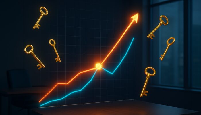 Glowing credit graph at breakeven point with floating golden keys in modern office
