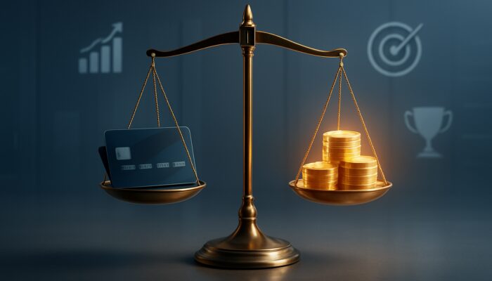 Surreal balance scale with credit cards and gold coins at breakeven point