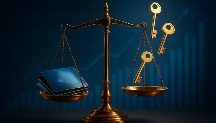 Balance scale with credit cards at breakeven point, golden keys rising over financial graph in blues and golds.