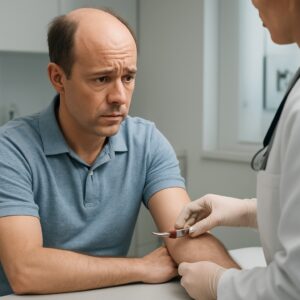 Man receiving blood test for hair loss at modern Basingstoke clinic with doctor drawing vial