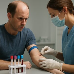 Concerned man with thinning hair getting blood test for hair loss in Basingstoke clinic