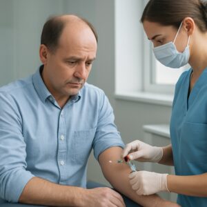Concerned man with thinning hair receiving blood test for hair loss in Basingstoke clinic.