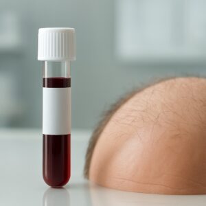 Blood test vial for hair loss beside thinning scalp strands in Basingstoke clinic