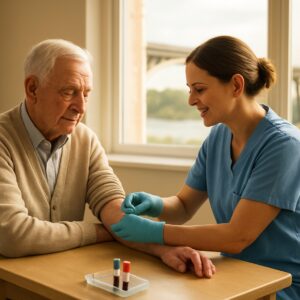Elderly Ipswich resident receiving B12 blood test from nurse in sunlit clinic with Orwell Bridge view.