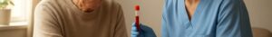 Elderly Ipswich resident receiving B12 blood test in cozy clinic with nurse and vitamin bottles
